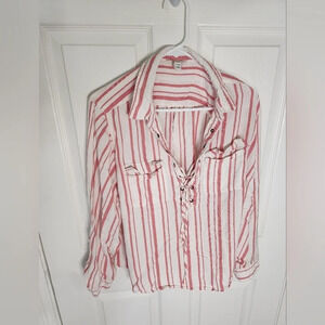 Cato Womens Lightweight Collared Tie Up Striped Casual Top